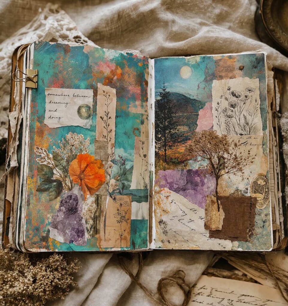 Open junk journal spread with layered collage, vintage papers, botanical elements and textured backgrounds.