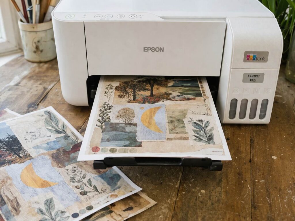 Printed collage papers coming out of a white Epson printer, showing botanical and abstract designs for junk journaling and mixed media.
