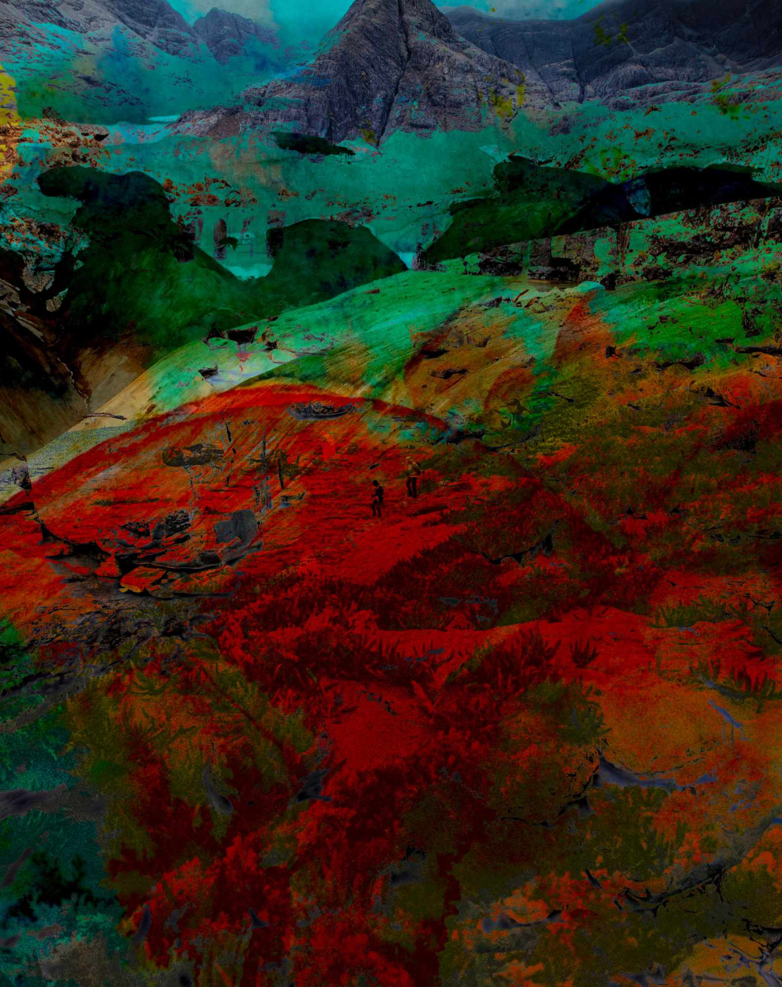 A Free Abstract Landscape Art Printable layered with a surreal mountain landscape featuring vibrant red meadows, deep green foliage, and teal-blue skies, evoking dreamlike and emotional terrain.