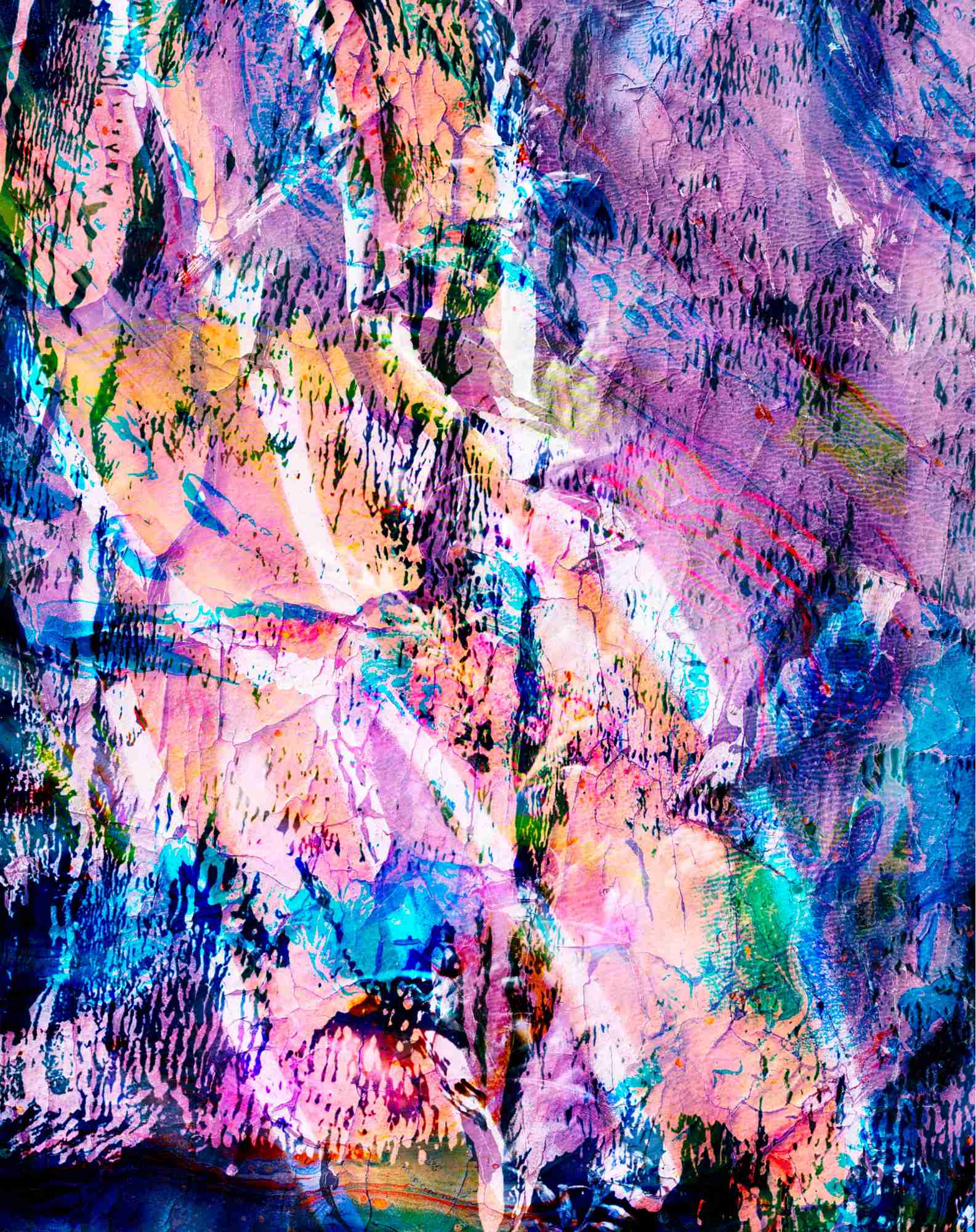 Colorful abstract art printable featuring bold brush textures, vibrant pinks and blues, and layered mixed media patterns.