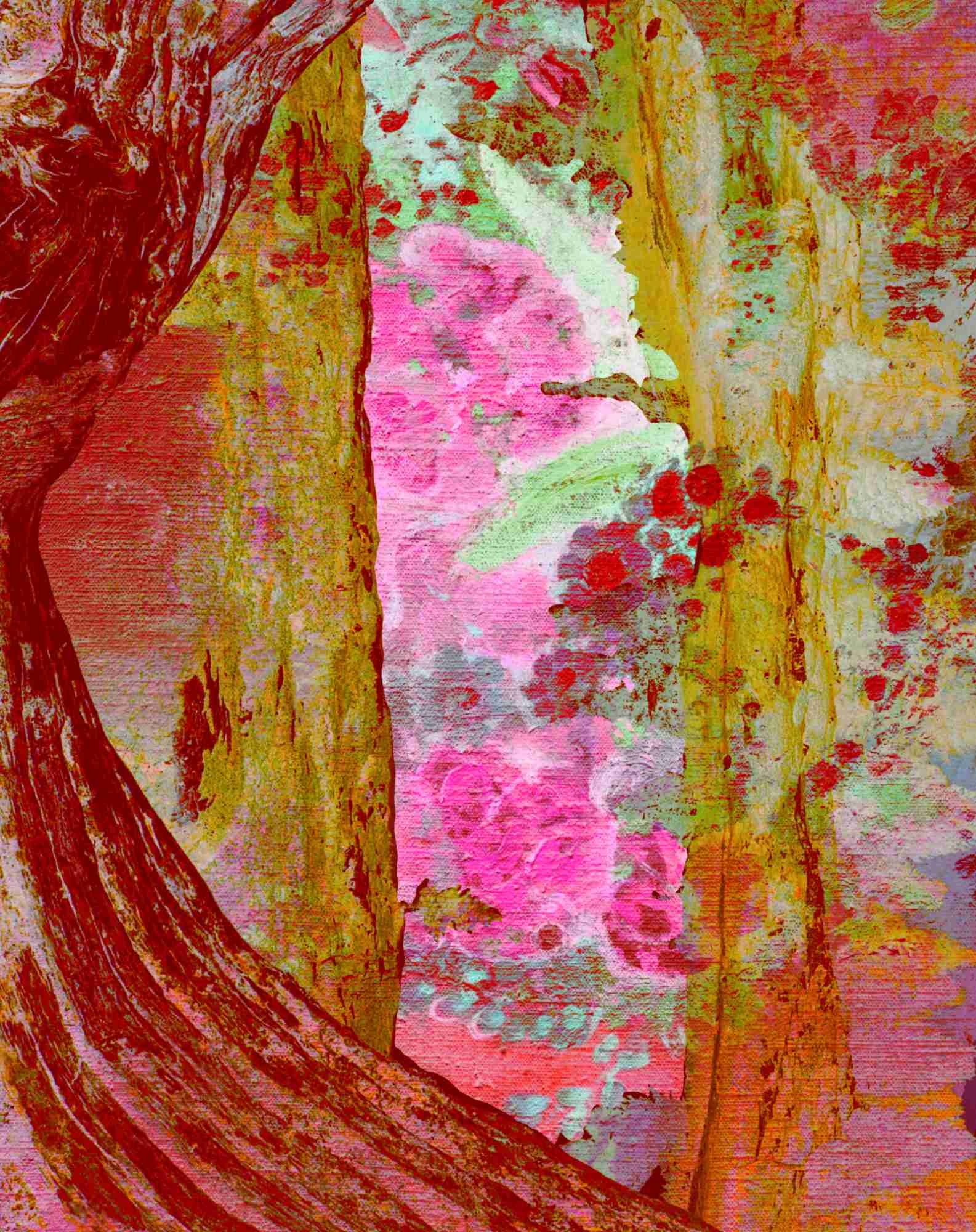 Free pink and gold forest mixed media background with floral and tree bark texture for collage and art journaling.