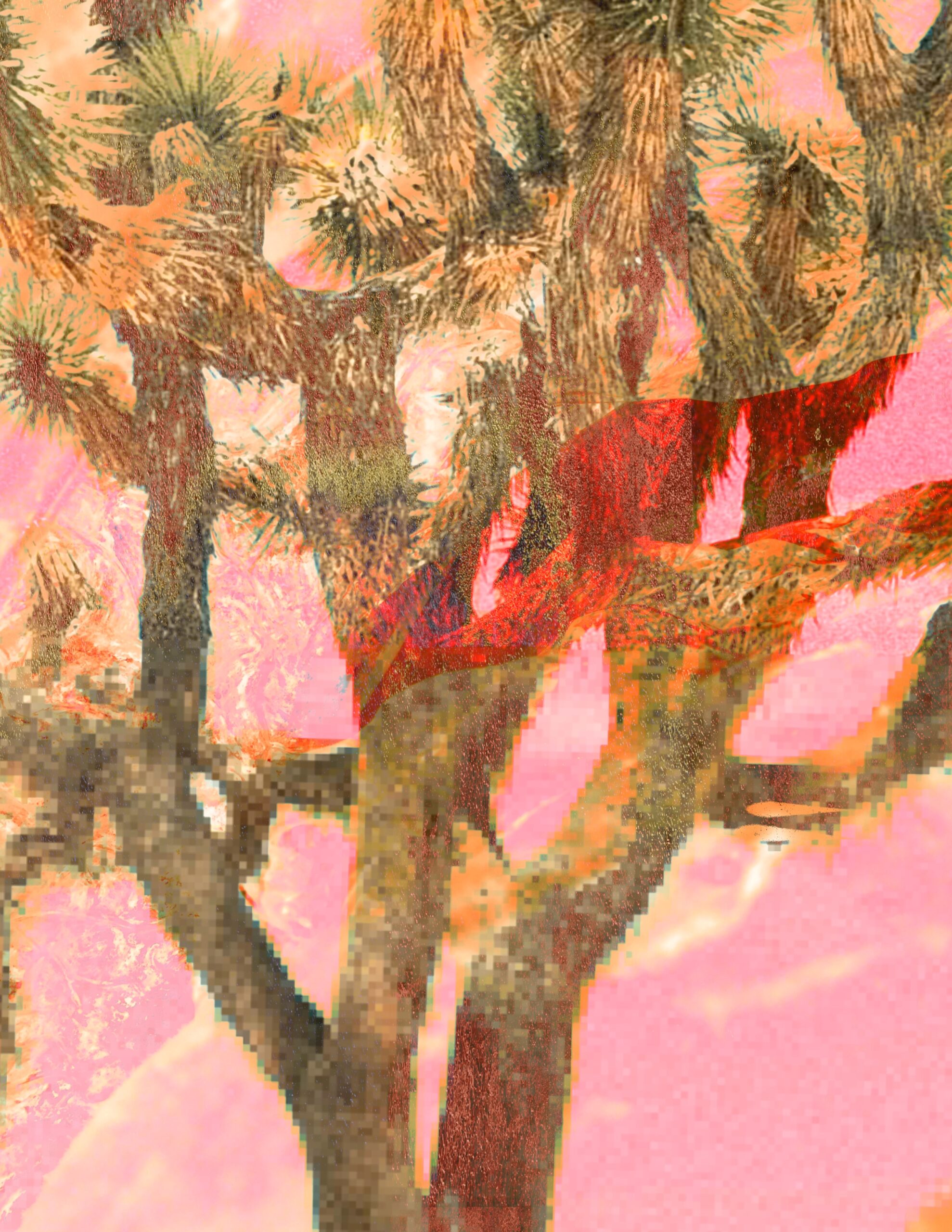 Surreal desert collage art with layered Joshua trees, vivid reds, and soft pink textures, ideal for mixed media and art journaling inspiration.