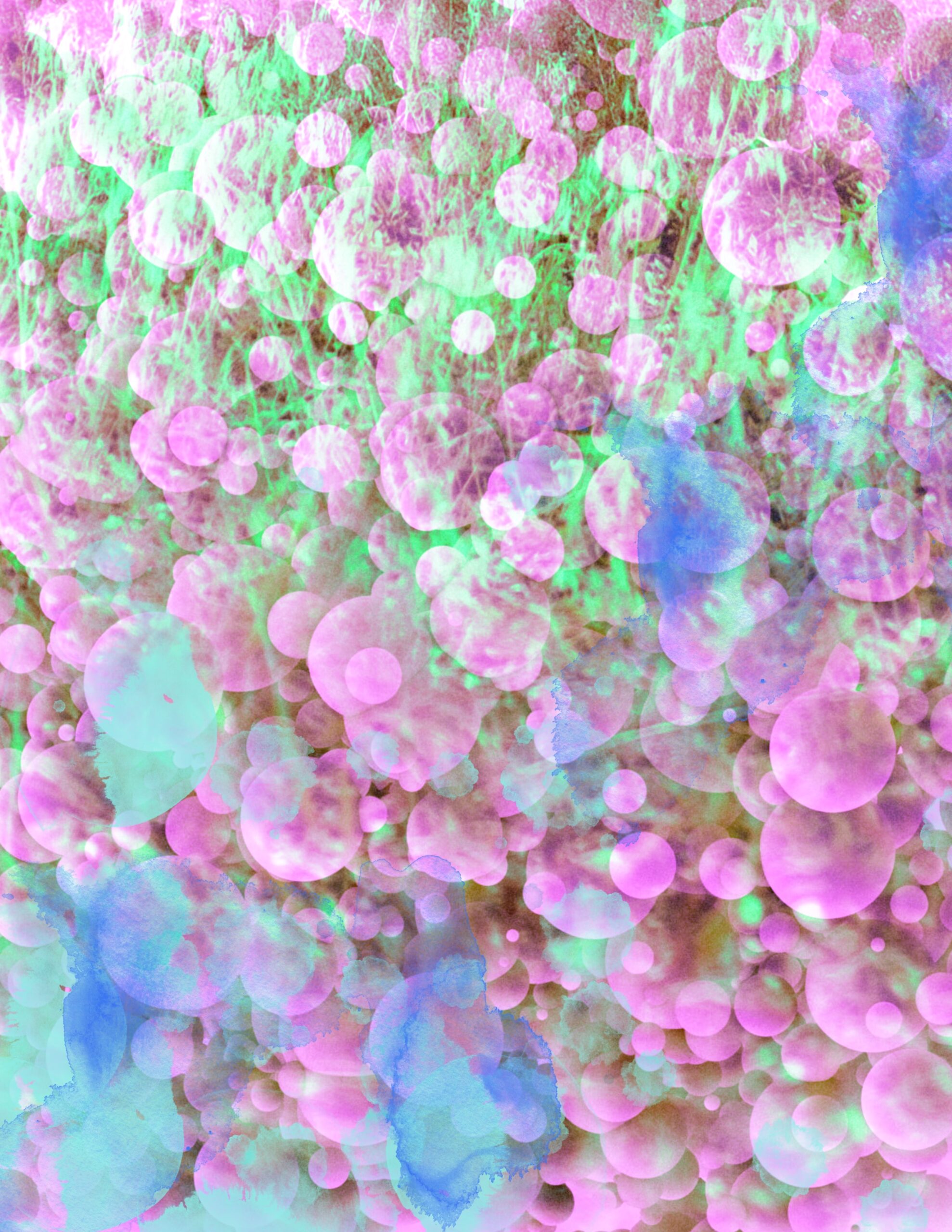 A vibrant abstract collage sheet featuring layered translucent pink and green bubbles with hints of blue, resembling an ethereal, dreamy texture ideal for creative art projects.