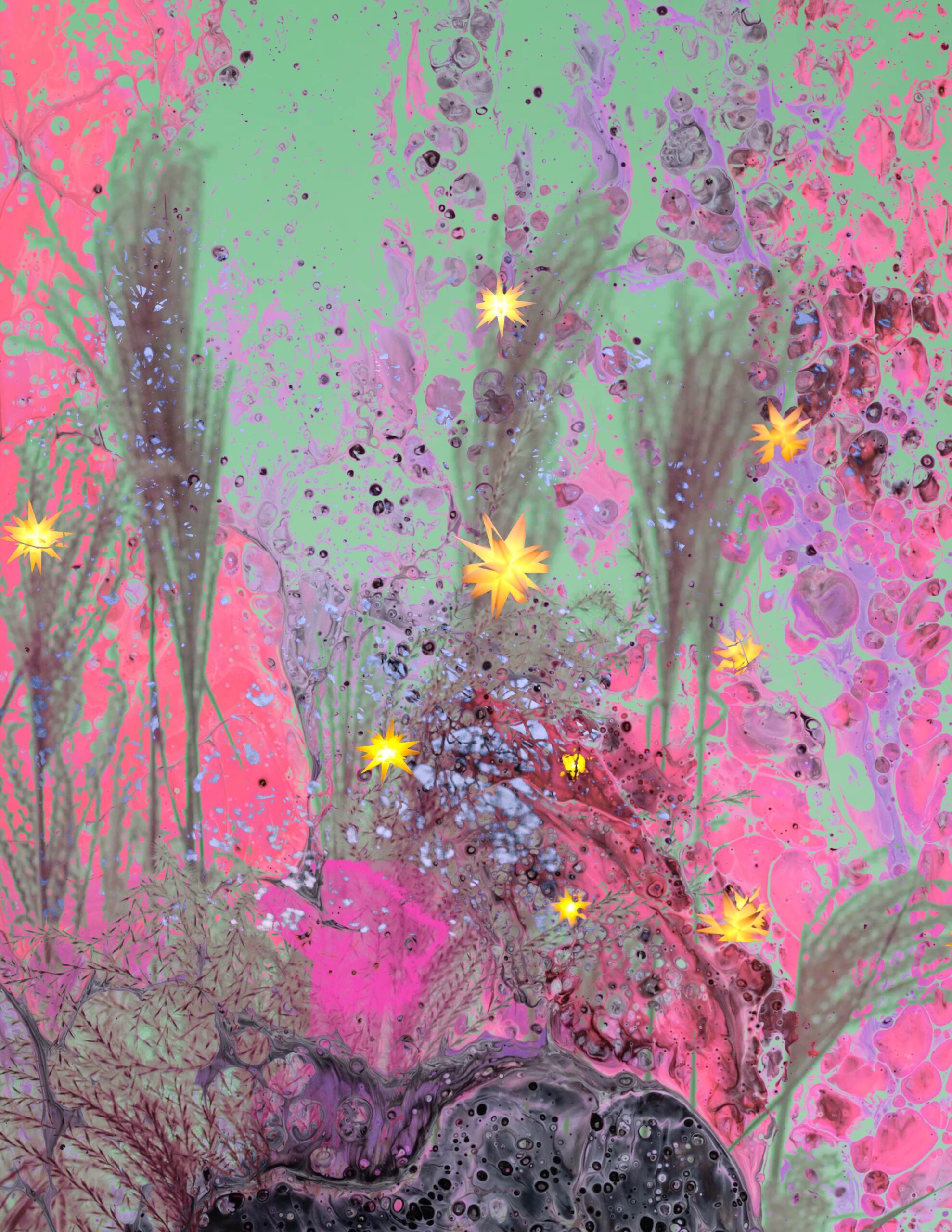 Celestial Garden abstract collage sheet with floral textures, starbursts, and dreamy pink, green, and purple marbling for art journaling and mixed media