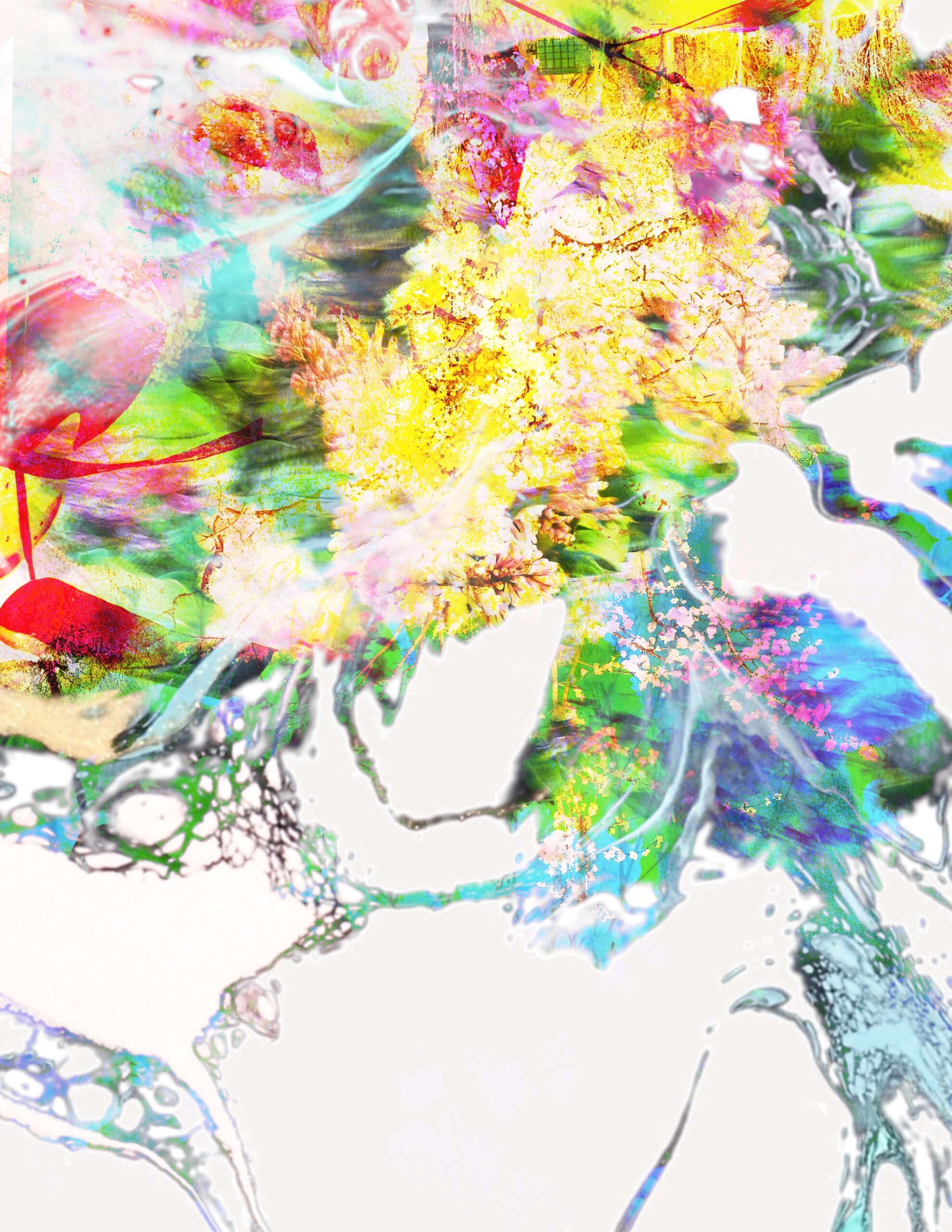 Bright abstract floral collage sheet with ink swirls, bold colors, and dreamy organic textures — perfect for mixed media art.