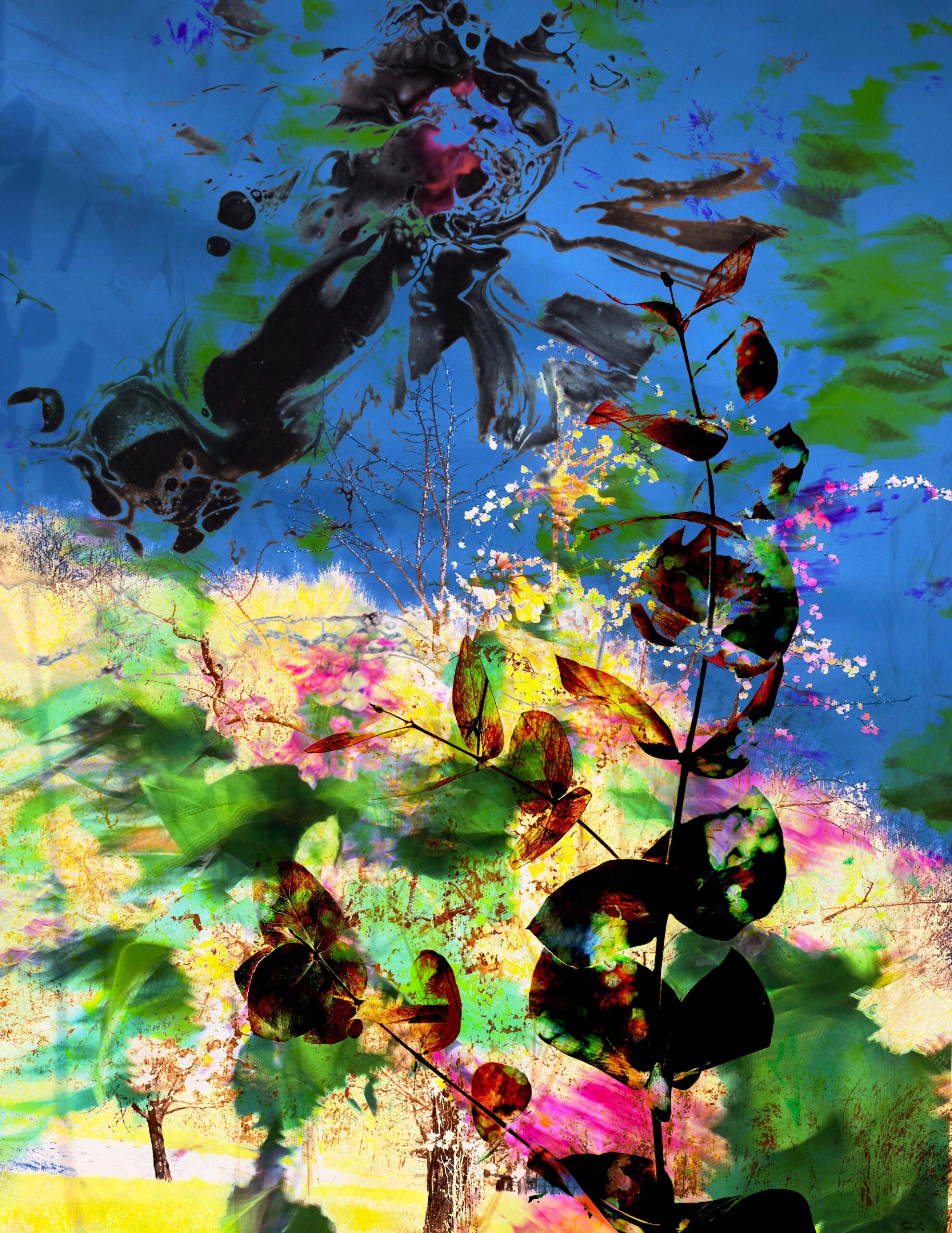 Free abstract collage sheet with bright blue background, bold paint splashes, and black plant silhouettes.