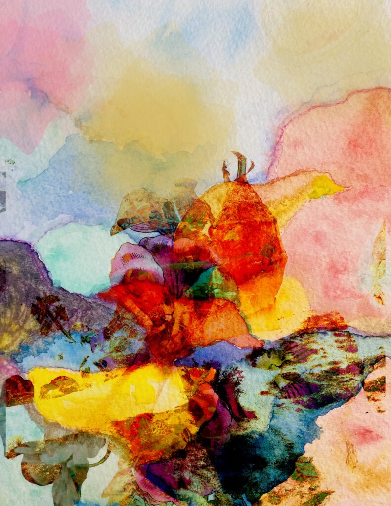 Watercolor-style abstract collage sheet with warm red, yellow, and blue hues for journaling and creative crafts