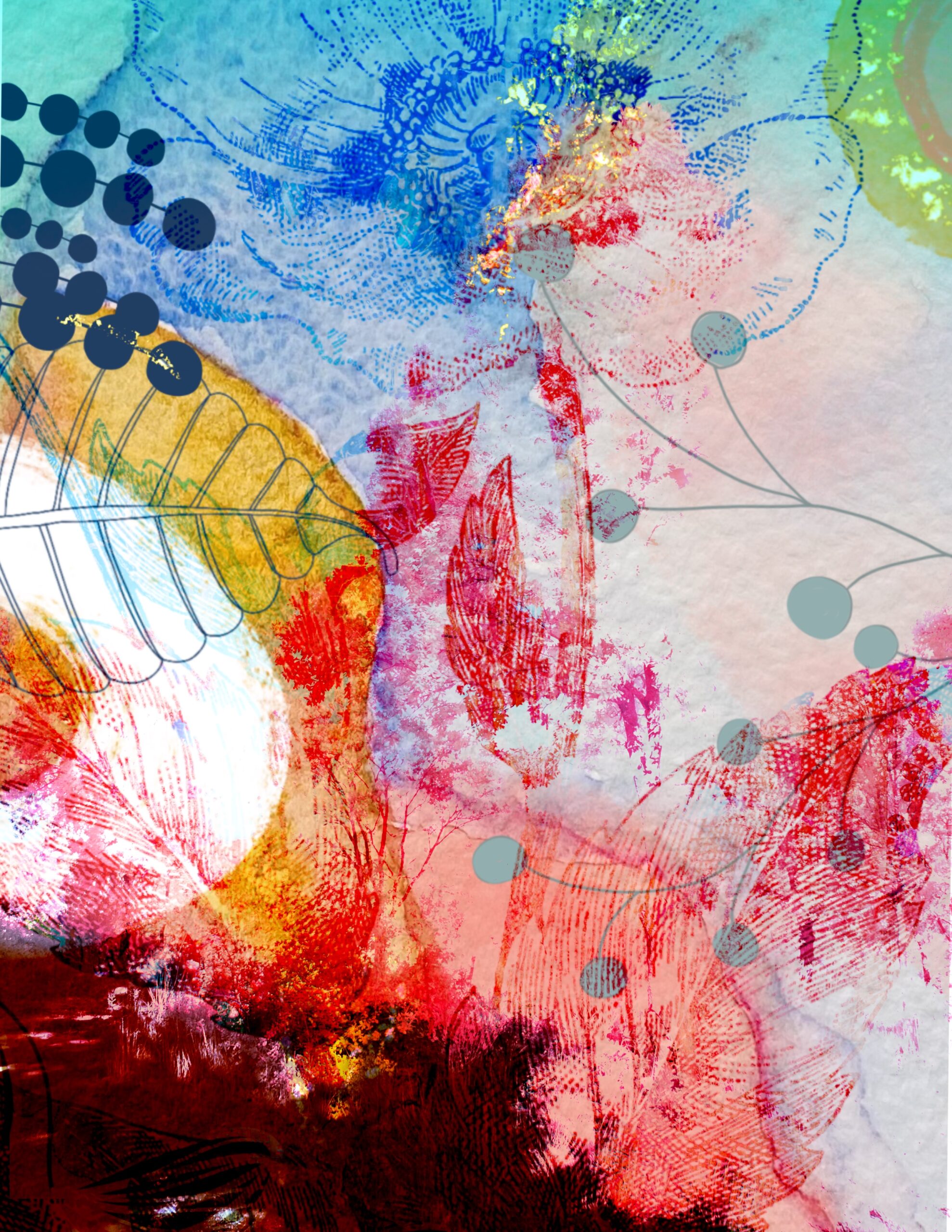 Abstract printable collage sheet with layered textures, red and blue watercolor washes, and circular sketch elements for art journaling and creative crafts