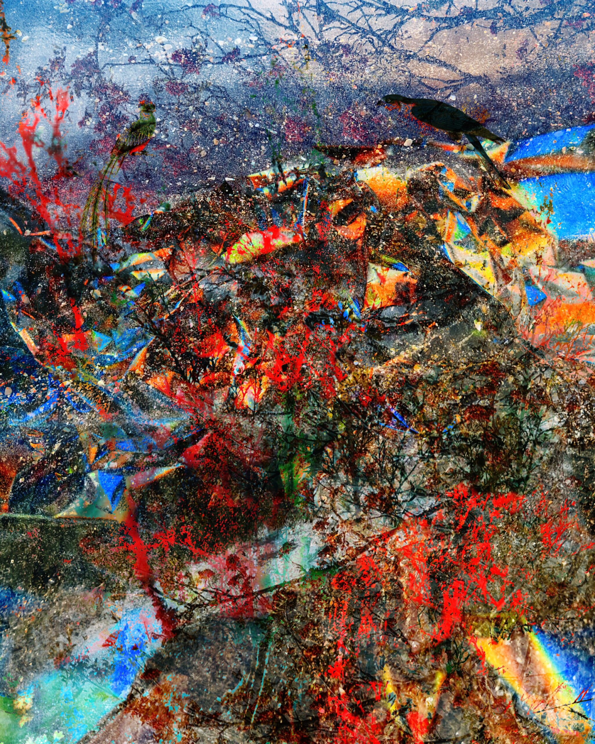 Abstract collage sheet with vivid red, blue, and organic textures for mixed media use