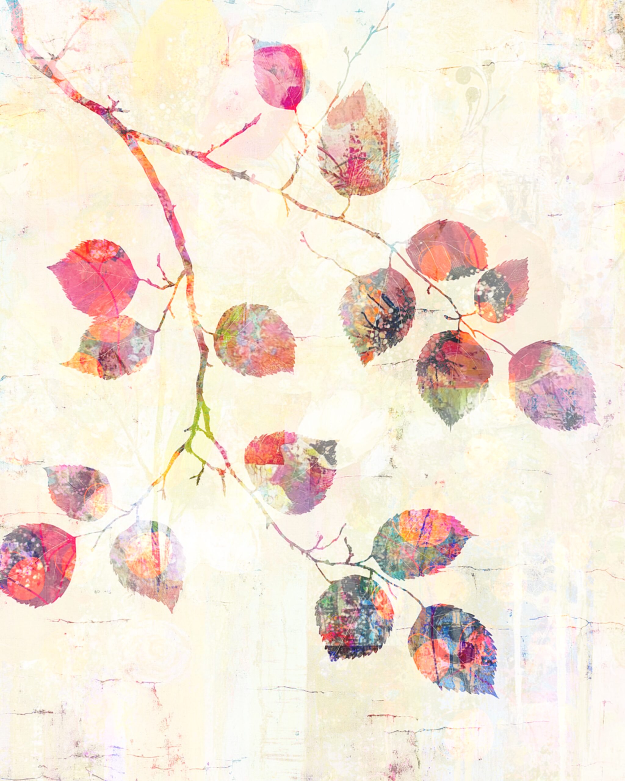 printable watercolor leaf collage sheet. A delicate watercolor-style collage featuring painted leaves in warm pinks, oranges, purples, and teals, arranged on graceful branches over a softly textured neutral background.