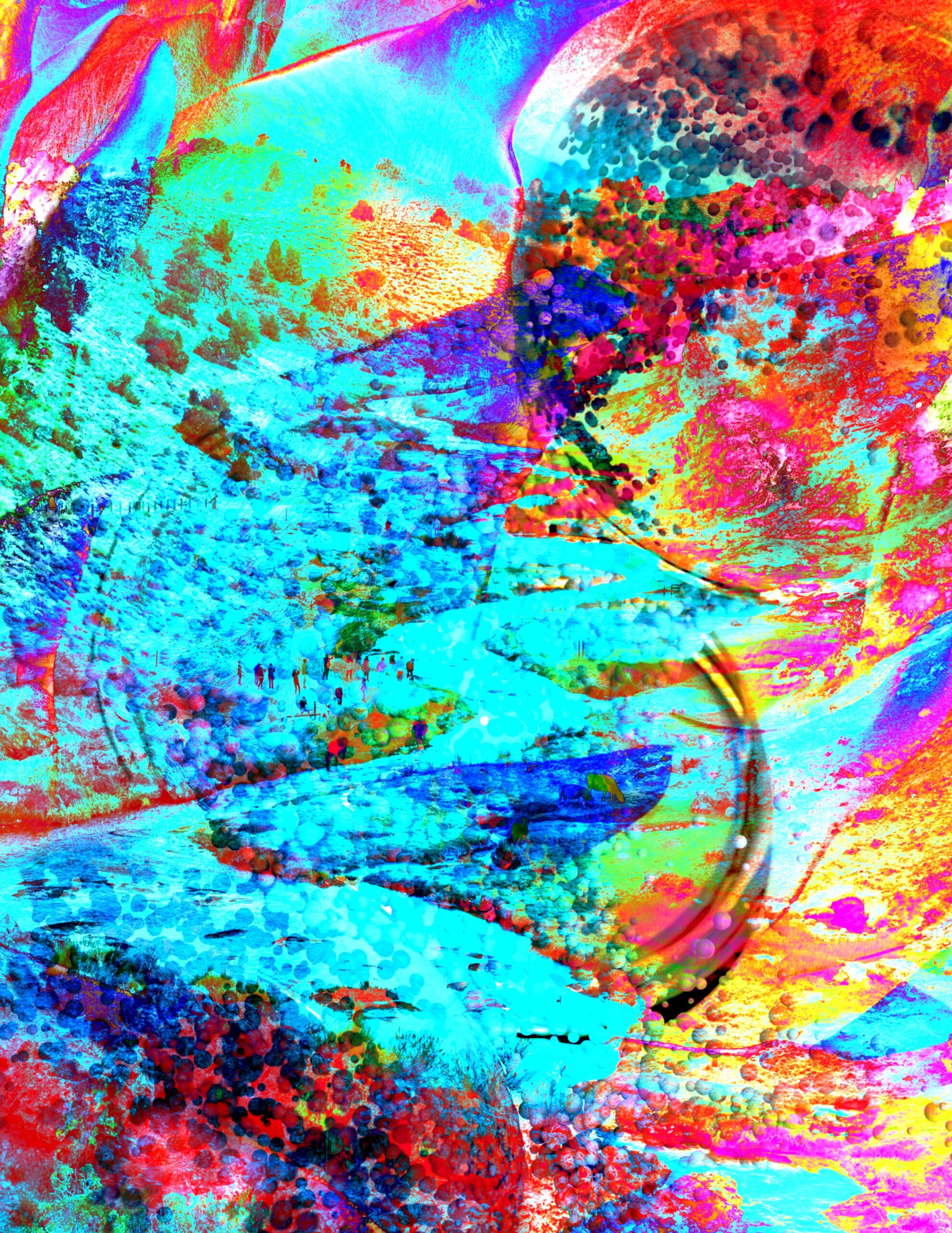 “Bright abstract collage sheet with rainbow colors, flowing textures, and surreal landscape elements, free for printable art use.”