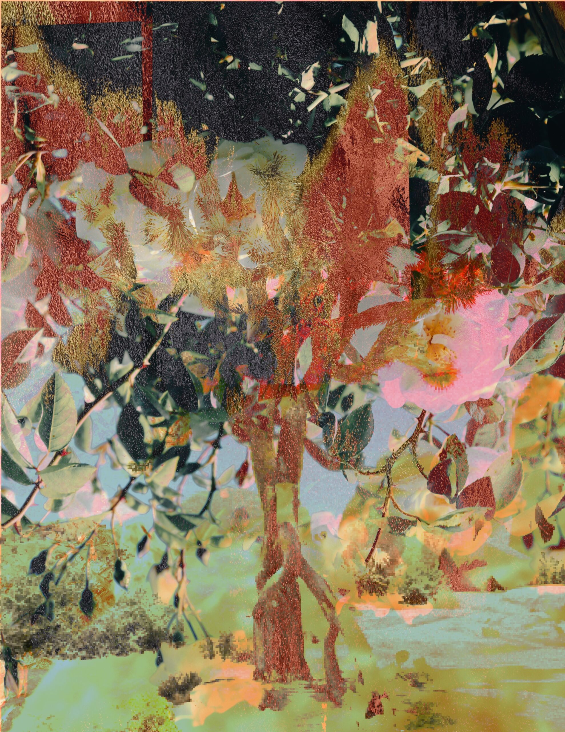 A dreamy digital collage of overlapping green leaves, a tree trunk, pastel flowers, and layered earthy textures that create a forest-like atmosphere.