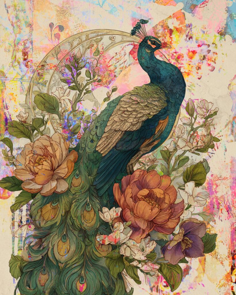 Intricately illustrated peacock collage sheet featuring a regal teal and green peacock surrounded by lush florals, soft pastels, and vintage botanical motifs on a textured, painterly background.