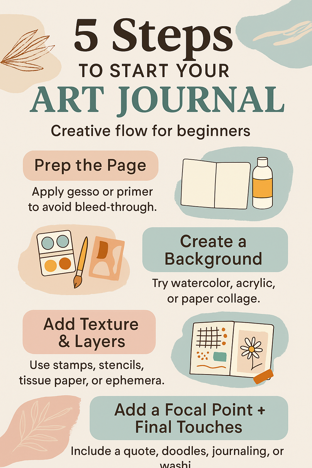 5 illustrated steps for starting an art journal, including prepping, layering, and adding mixed media and journaling. 