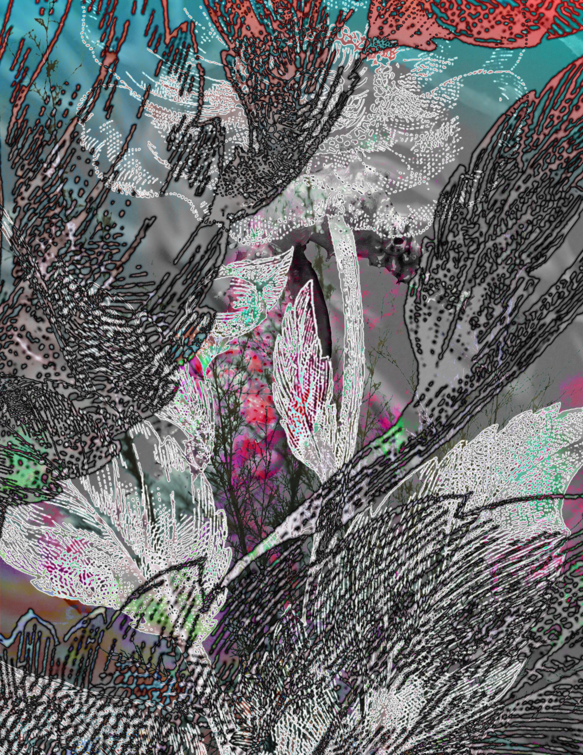 Free digital collage sheet with abstract floral line art, vibrant color overlays, and layered textures for mixed media and crafting