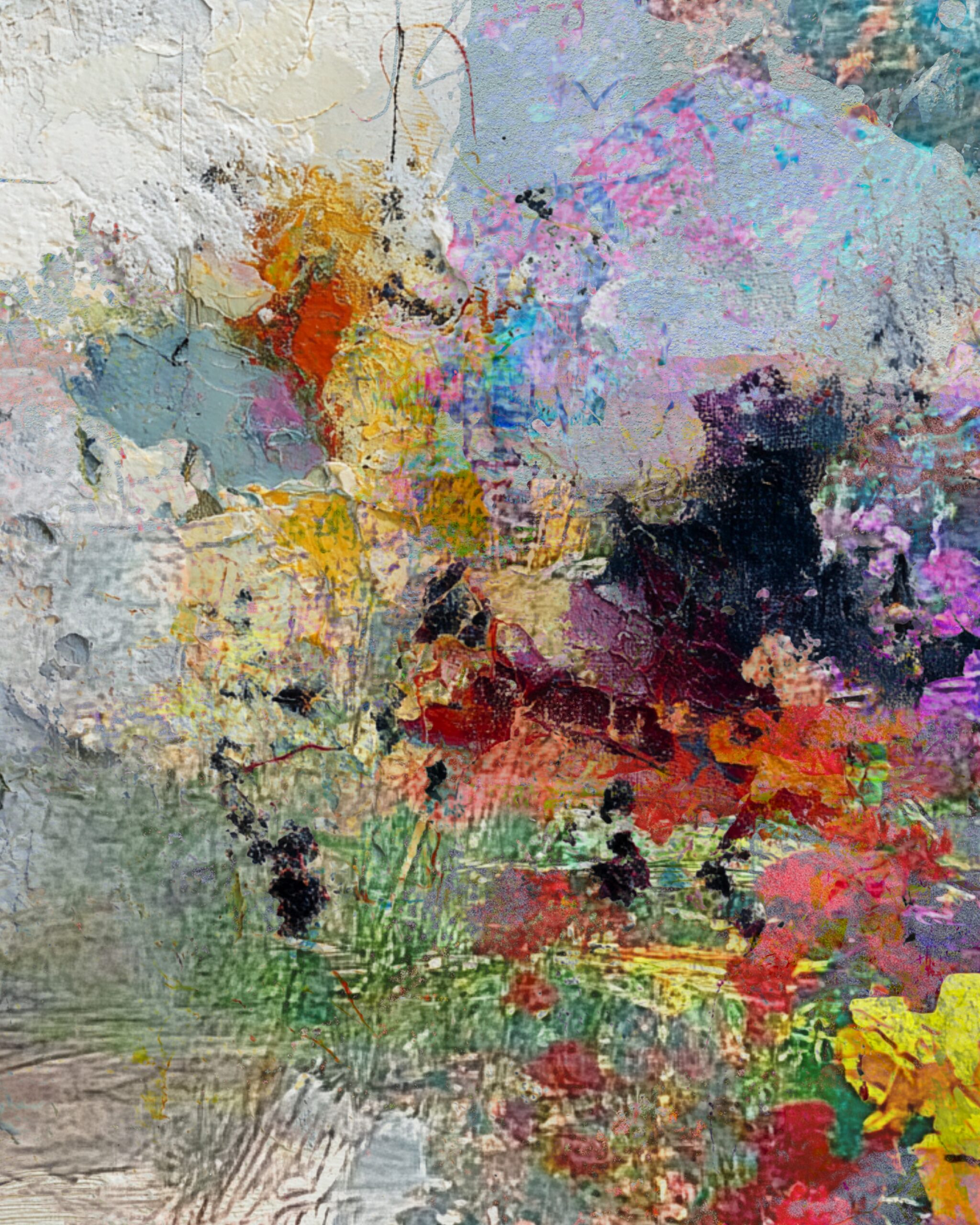 Layered abstract botanical collage with painterly textures and vibrant floral tones