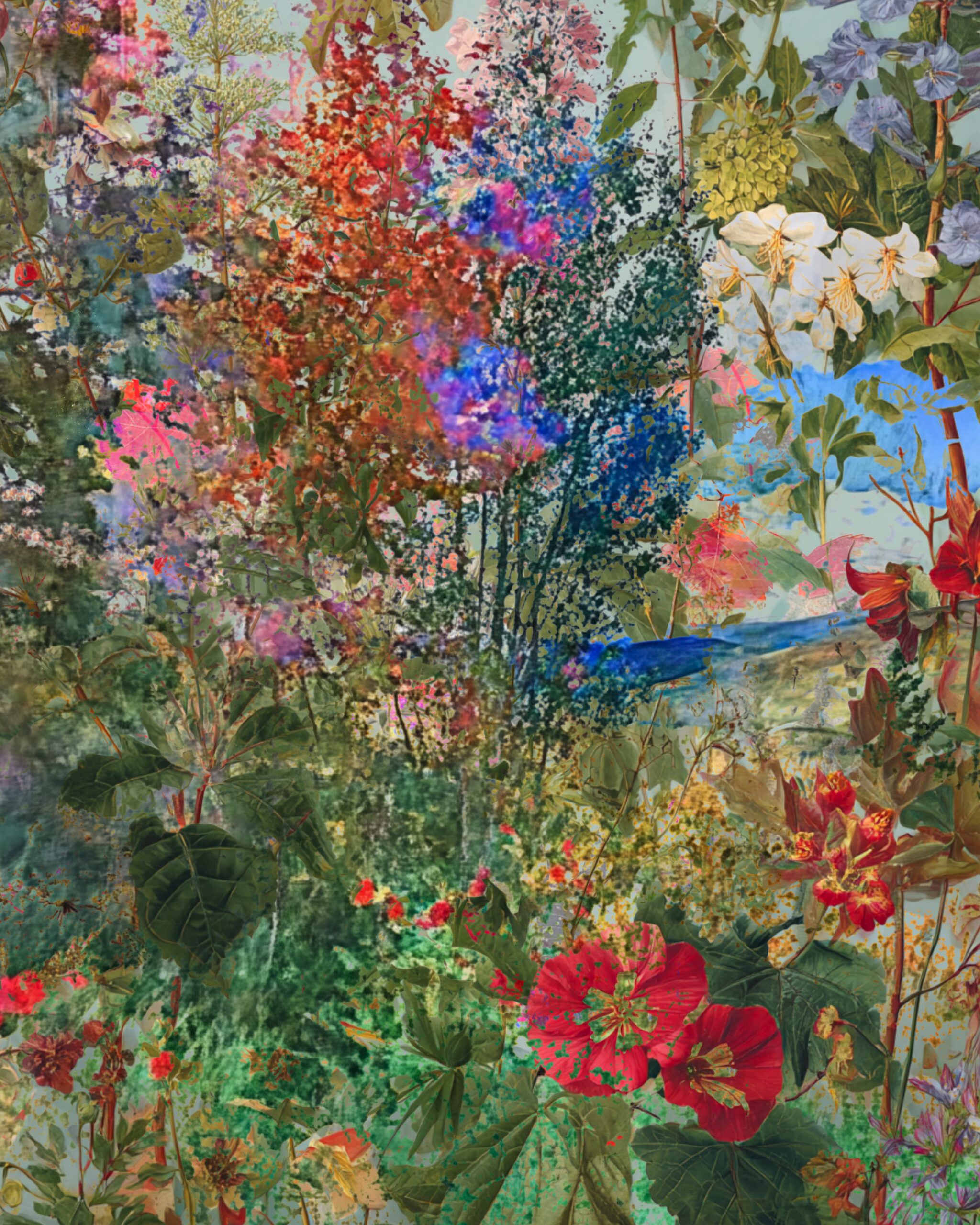 Vibrant mixed media floral collage sheet featuring layered red, pink, and purple flowers with lush green foliage and textured painterly background.