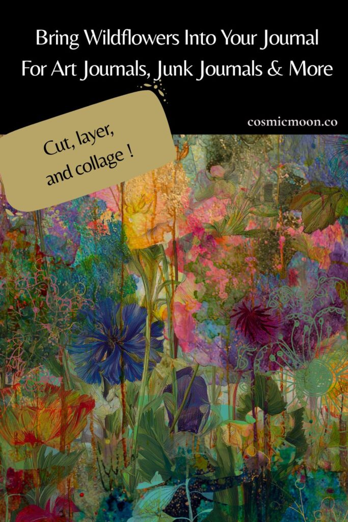 Free printable floral abstract collage sheet with colorful wildflowers, layered watercolor textures, and painterly details for art journaling and mixed media