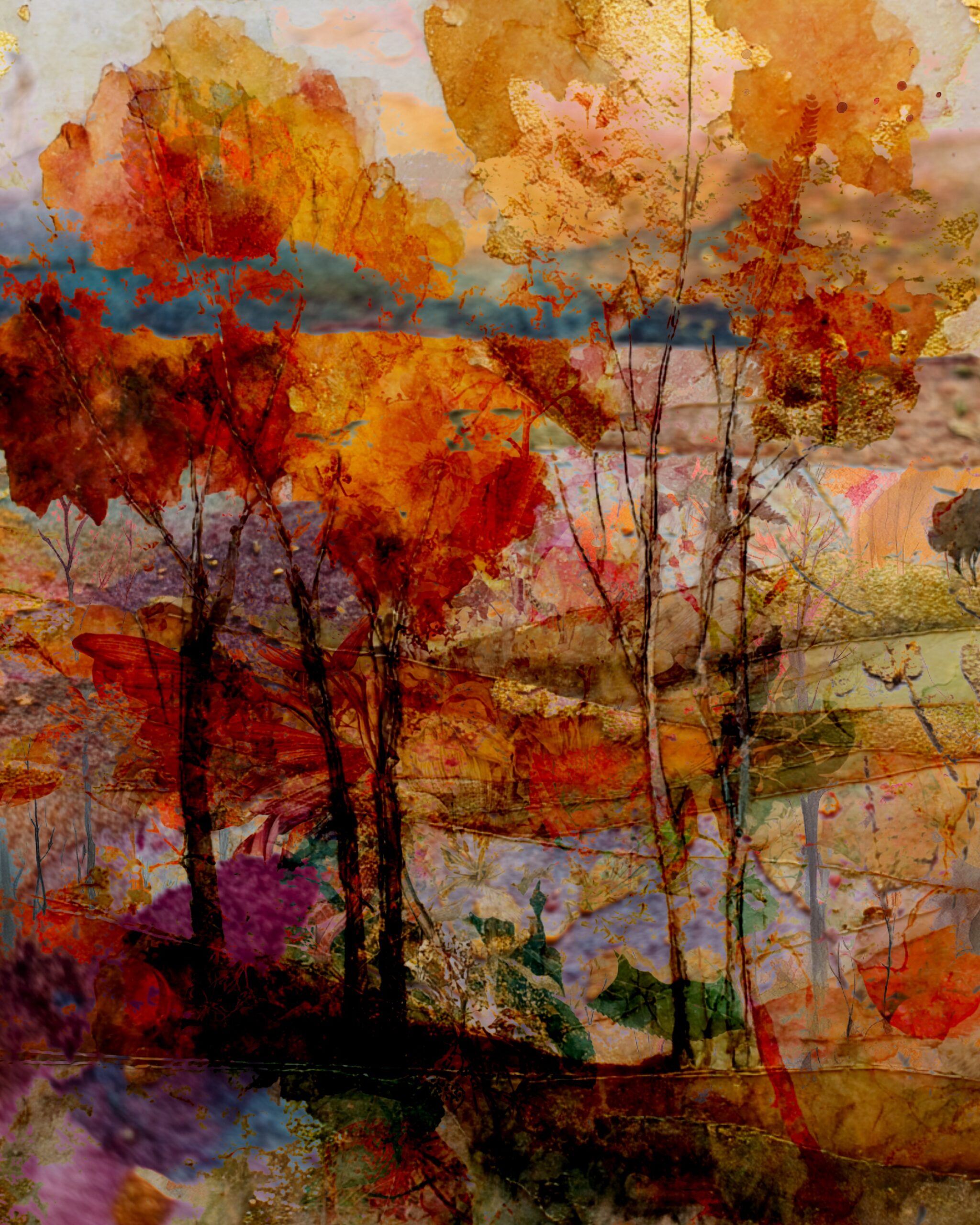 Golden Ember Trees artwork – layered collage of autumn colors in reds, oranges, golds, and purples for journaling and craft projects.