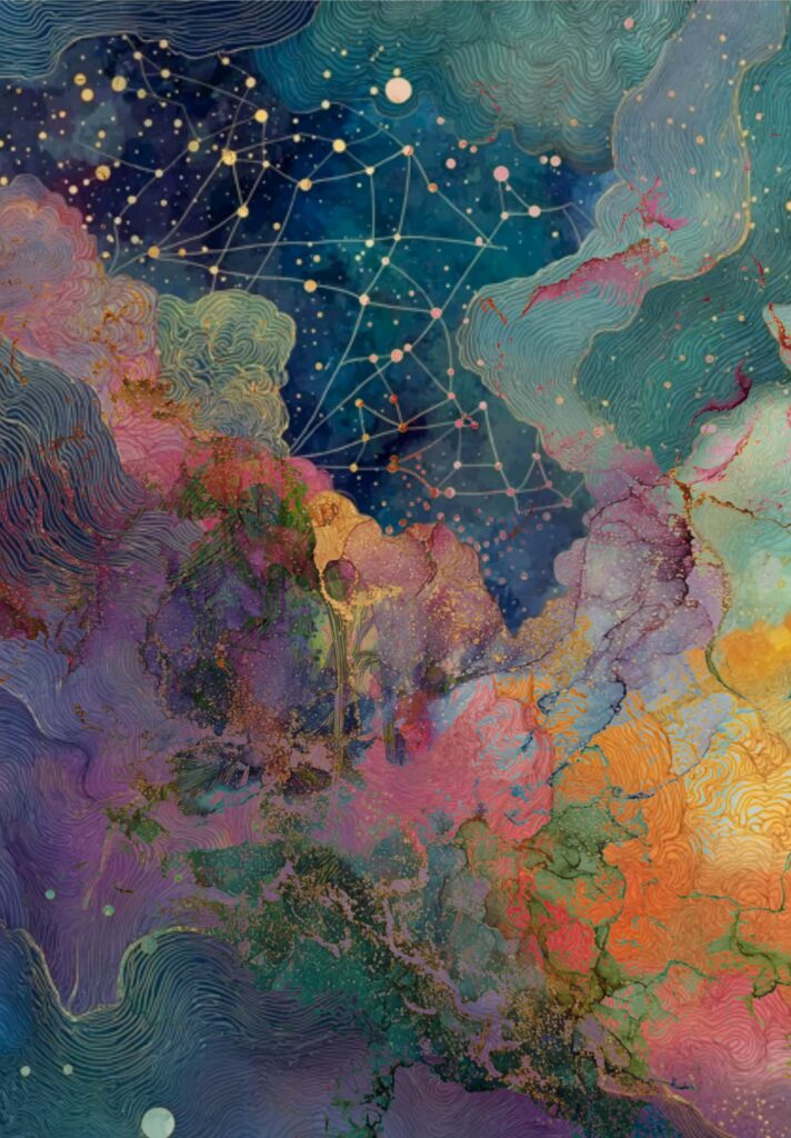 Free printable cosmic abstract collage sheet with colorful galaxy clouds, constellations, and swirling textures for art journaling and mixed media