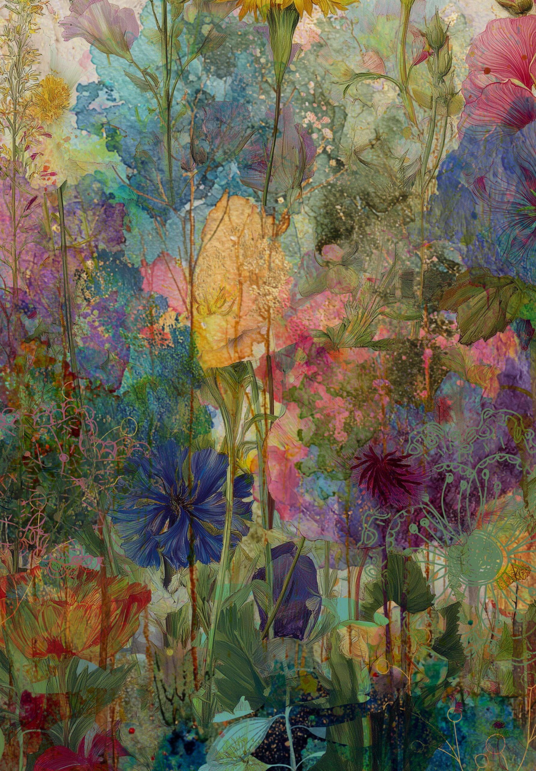Free printable floral abstract collage sheet with colorful wildflowers, layered watercolor textures, and painterly details for art journaling and mixed media