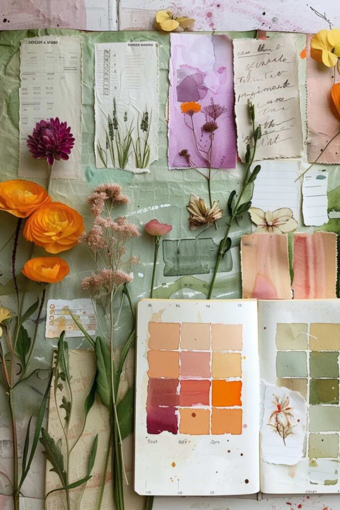 Color harmony art journal spread with botanical elements, watercolor swatches, and complementary and analogous color palettes