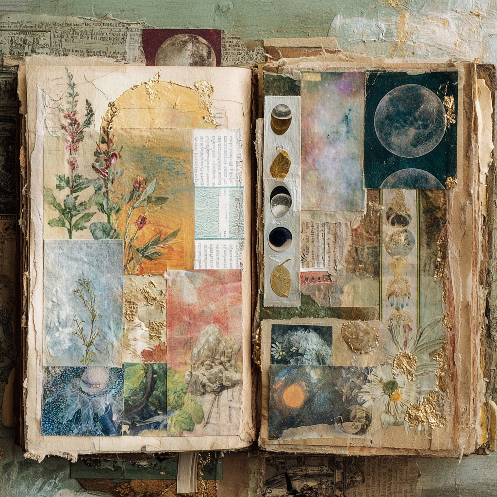 art journal collage with flowers, moons, textures, and layered paper backgrounds