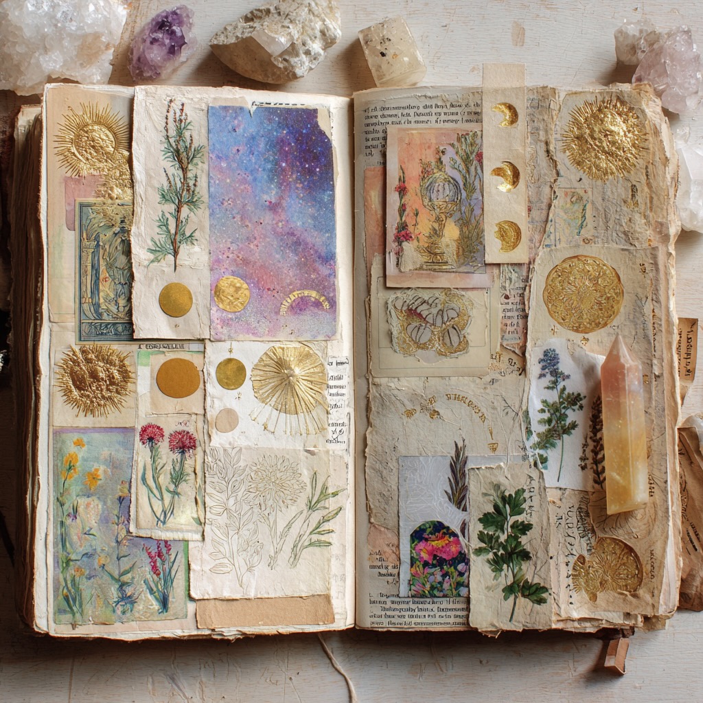 art journal with celestial symbols, pressed flowers, and golden collage elements