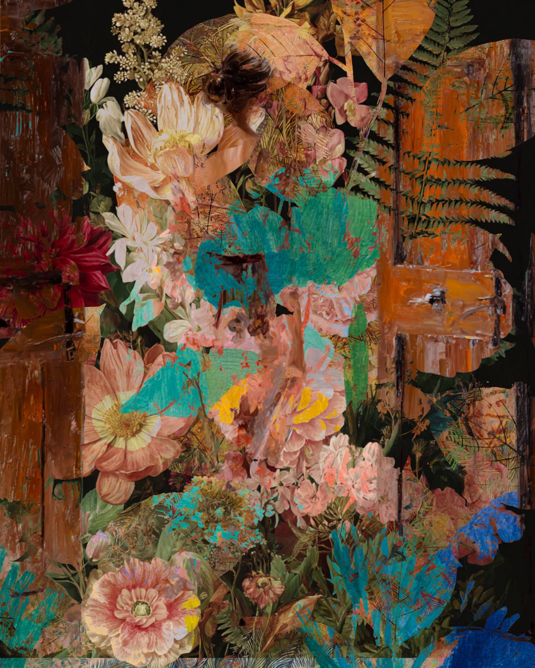 Floral abstract collage with layered flowers, bold brushstrokes, textured orange and turquoise accents on a dark background.
