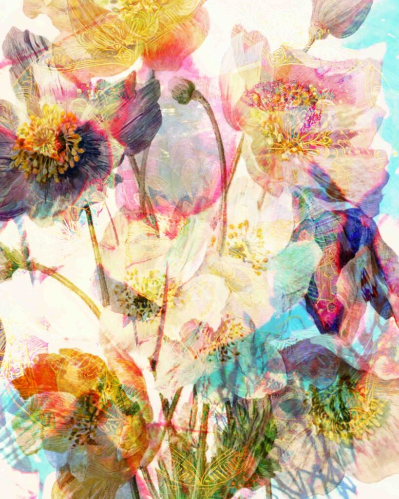 Free printable floral collage sheet for junk journals, scrapbooking, and mixed-media crafts – pastel watercolor background with hand-painted petals