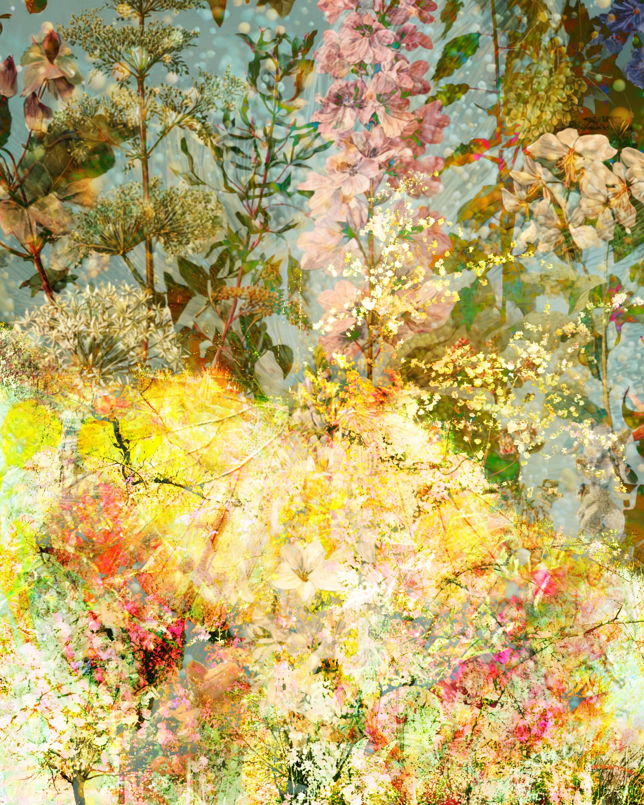 Layered botanical mixed media background paper with wildflowers and abstract colour textures for art journals and collage