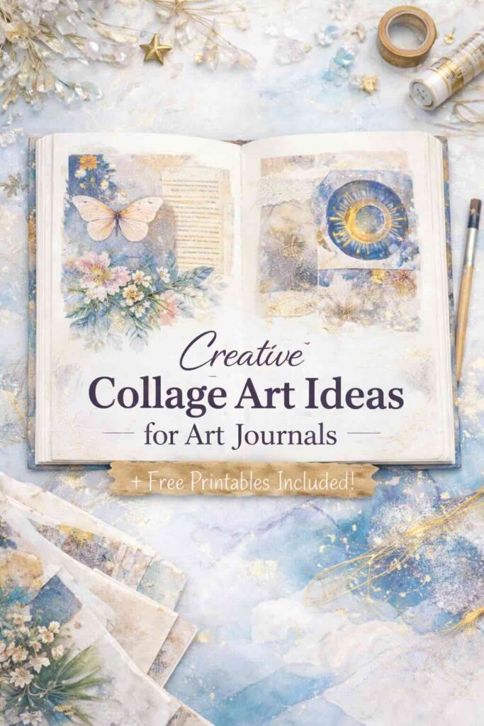Open art journal with soft collage pages in blue, white, and gold tones, featuring botanical and celestial elements for creative art journaling.