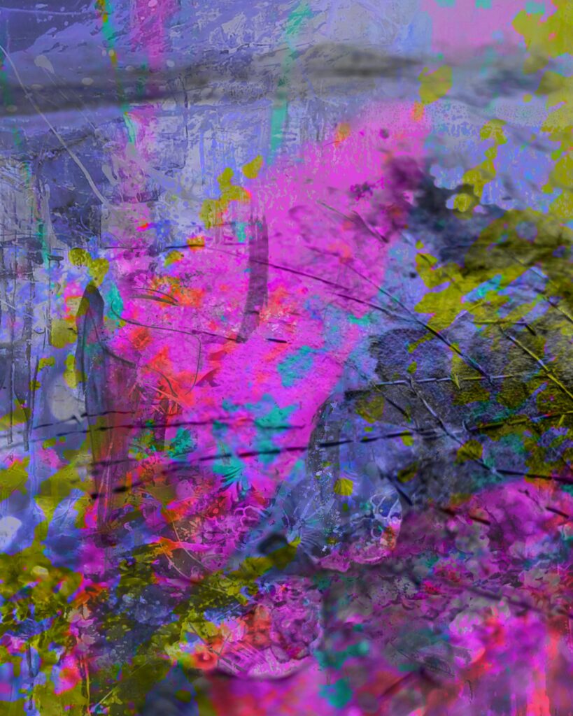 Free abstract collage printable with layered pink, blue, and green textures for art journaling and mixed media.