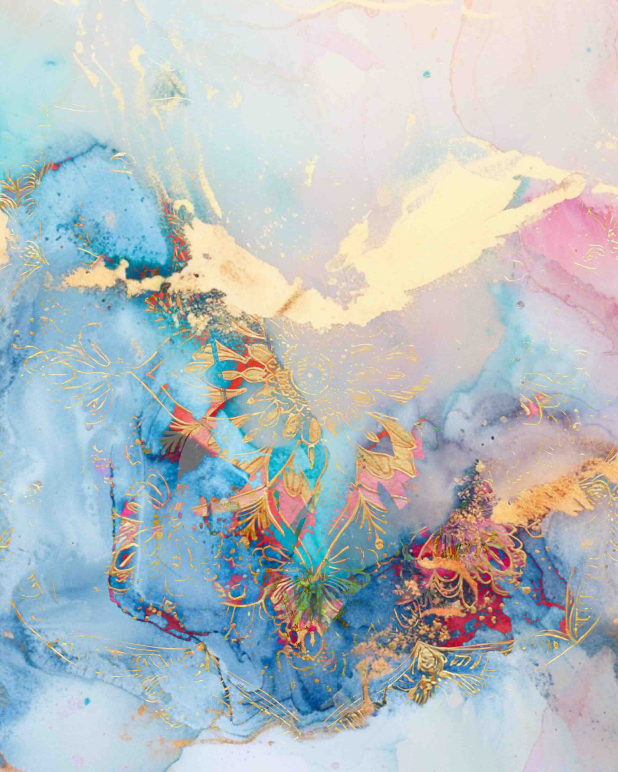 Free printable abstract collage sheet with soft blue, pink and gold textures for art journals and mixed media