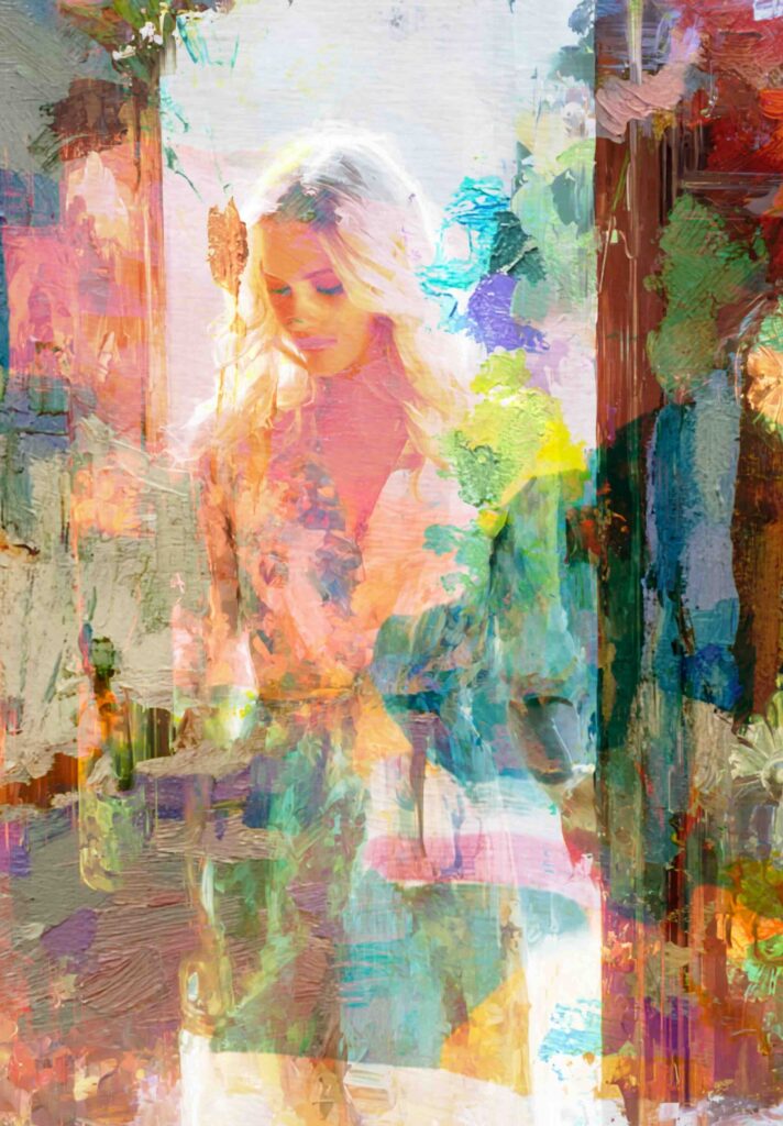 Abstract floral mixed media collage sheet with luminous colors and layered paint textures, featuring a dreamy feminine figure for art journals and junk journals