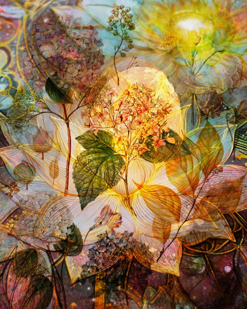 luminous floral mixed media collage art paper with layered botanicals and warm golden tones