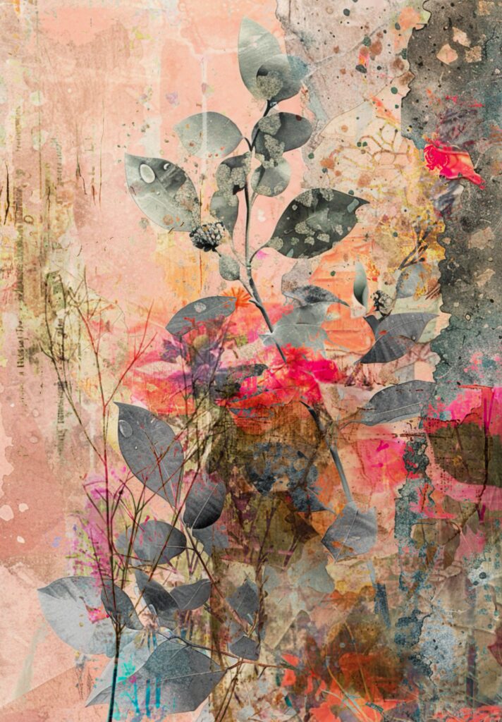 Soft botanical floral abstract collage printable with grey leaves, peach background textures and mixed media splashes for art journals and junk journals