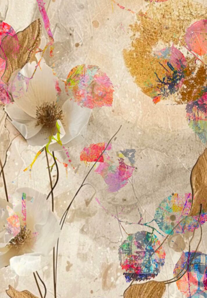 Free printable floral collage paper with botanical textures and abstract color details for art journaling and junk journals