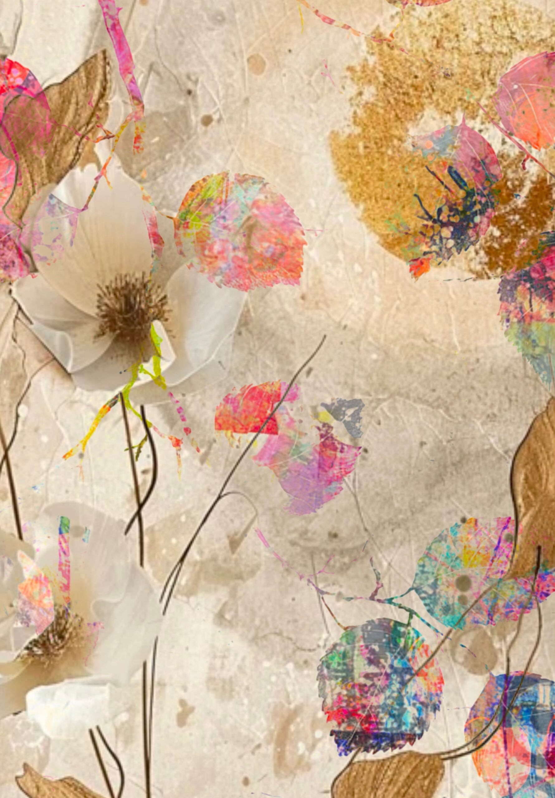 Free printable floral collage paper with botanical textures and abstract color details for art journaling and junk journals