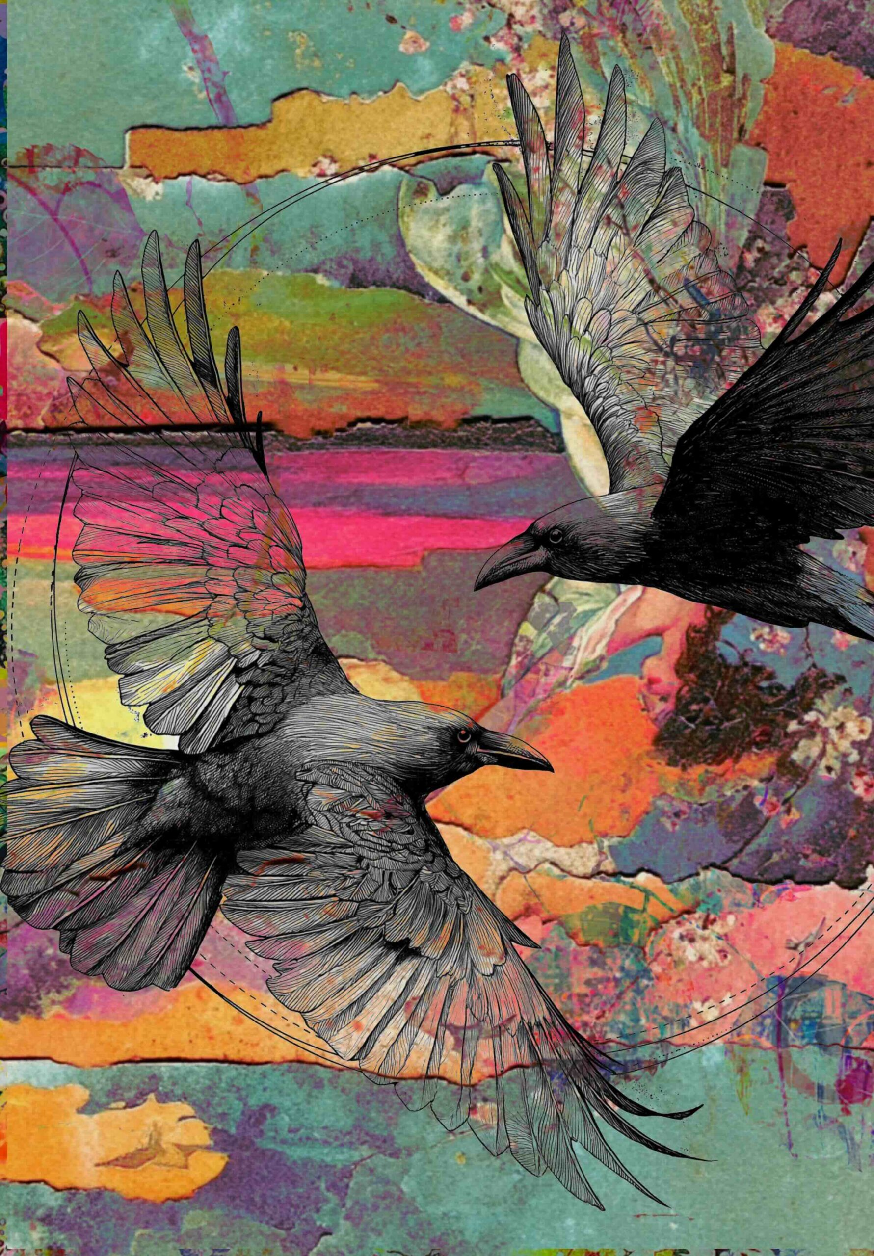 free raven printable collage paper with two flying ravens over colourful abstract collage background for art journals and junk journals