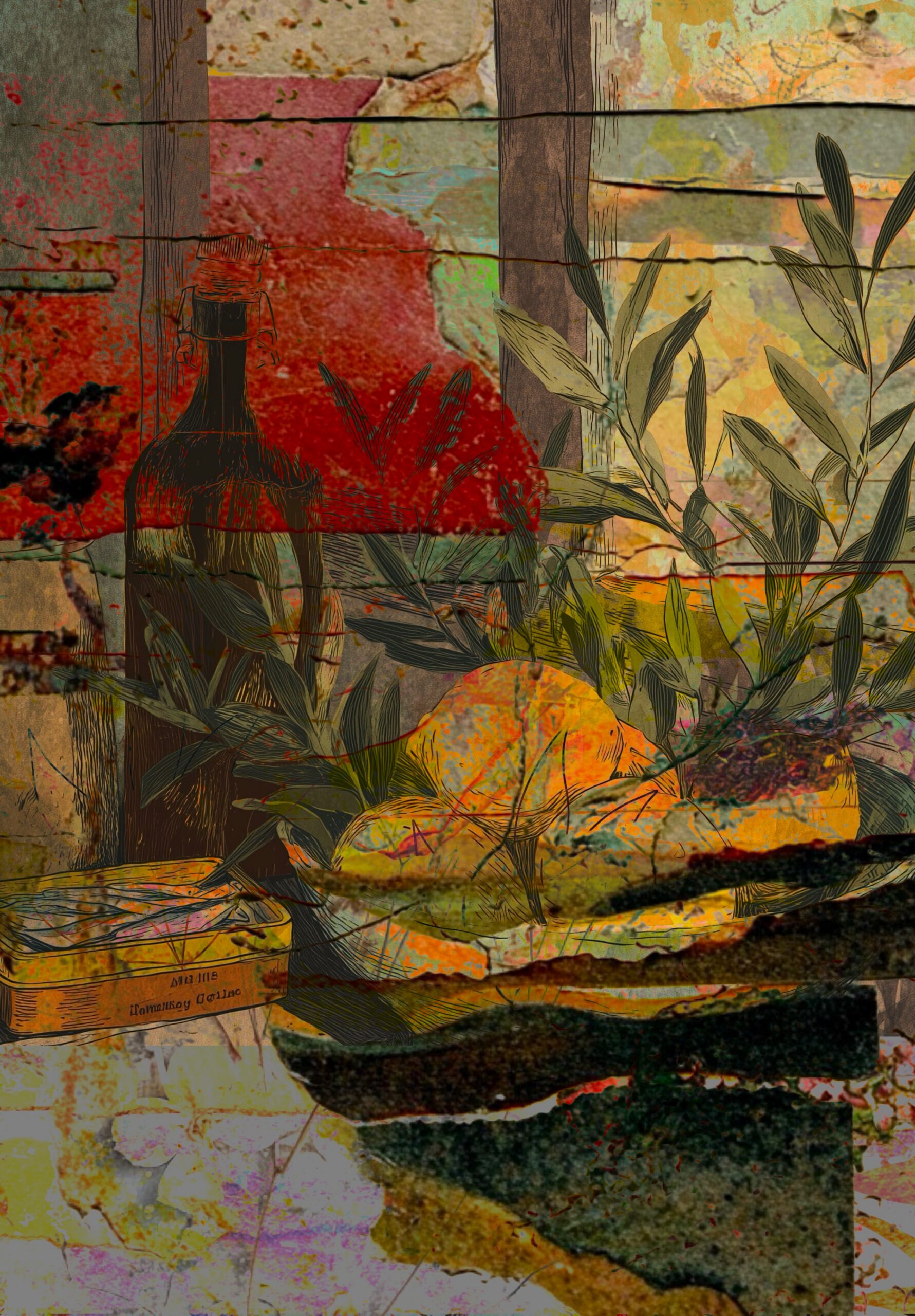 Vintage botanical still life collage sheet with abstract textures, fruit, leaves, and mixed media background