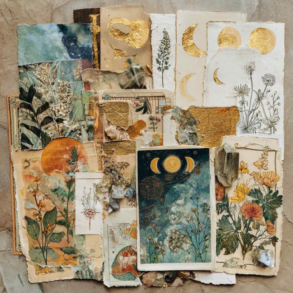 Free printable collage papers with vintage botanical illustrations, gold foil textures, moon phases, and aesthetic mixed media designs