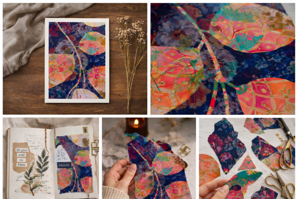 Floral collage printable used in art journaling with soft layered textures, torn paper pieces, and abstract botanical colours