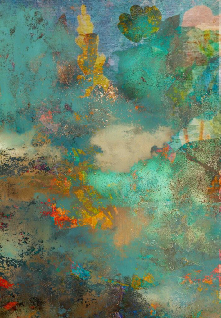 Free printable turquoise abstract collage paper with painterly mixed media textures for art journaling and junk journals