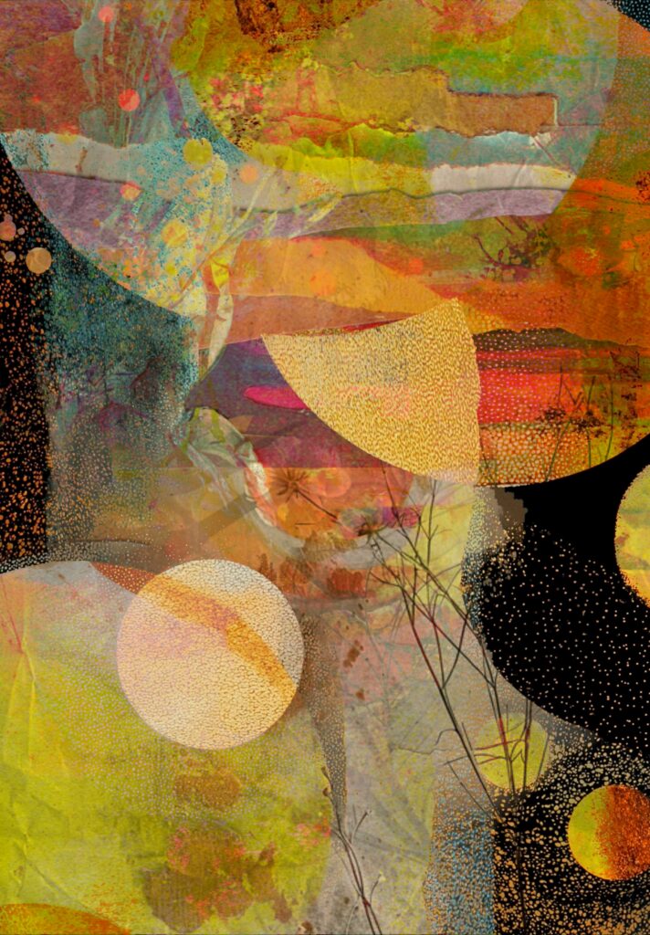 Abstract printable collage paper with layered textures, glowing circles, painterly marks, and mixed media details in warm gold, orange, black, and earthy tones.