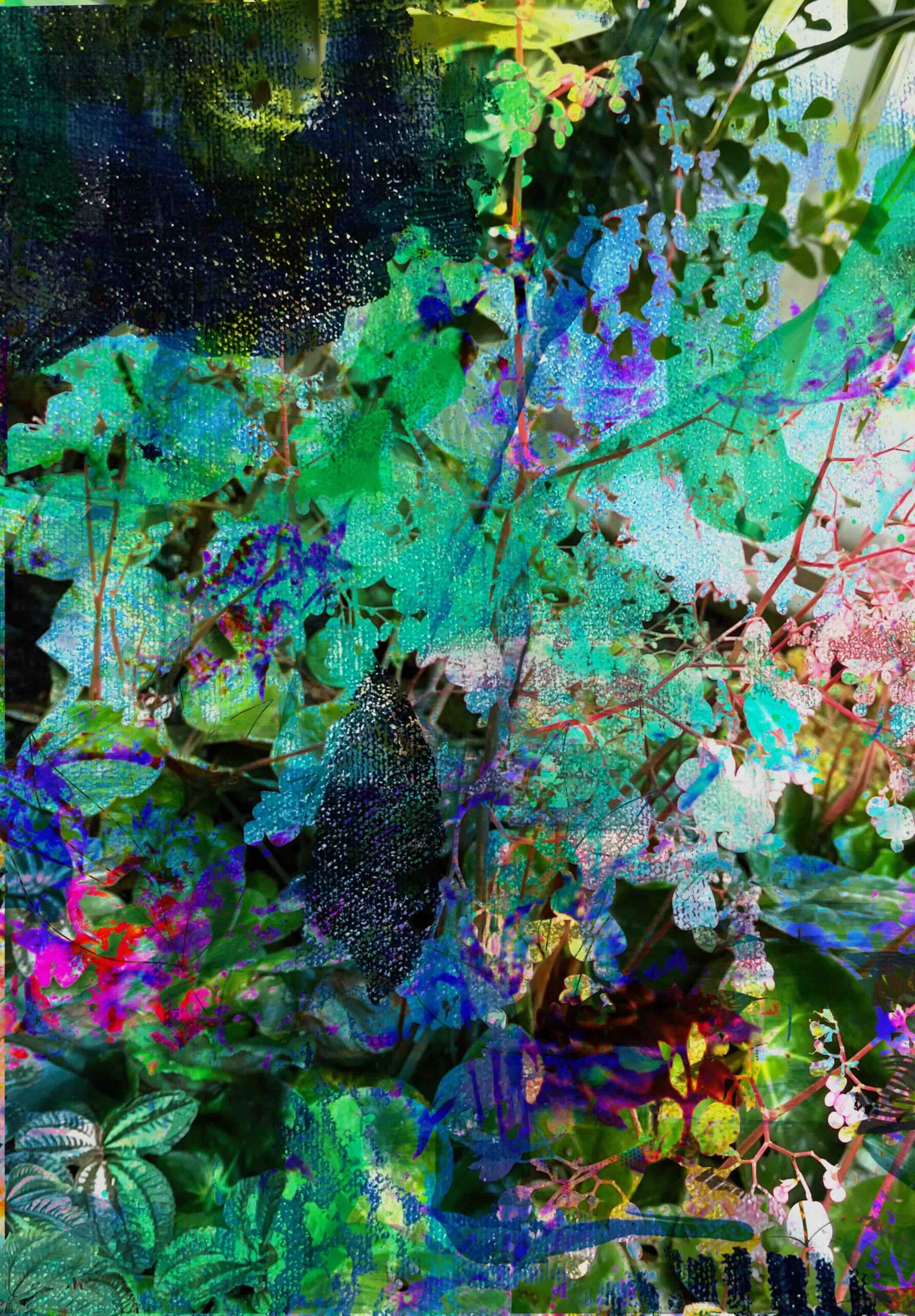 Free printable botanical abstract collage paper with layered foliage, vibrant turquoise and green textures, and dreamy mixed media details for art journals and junk journals