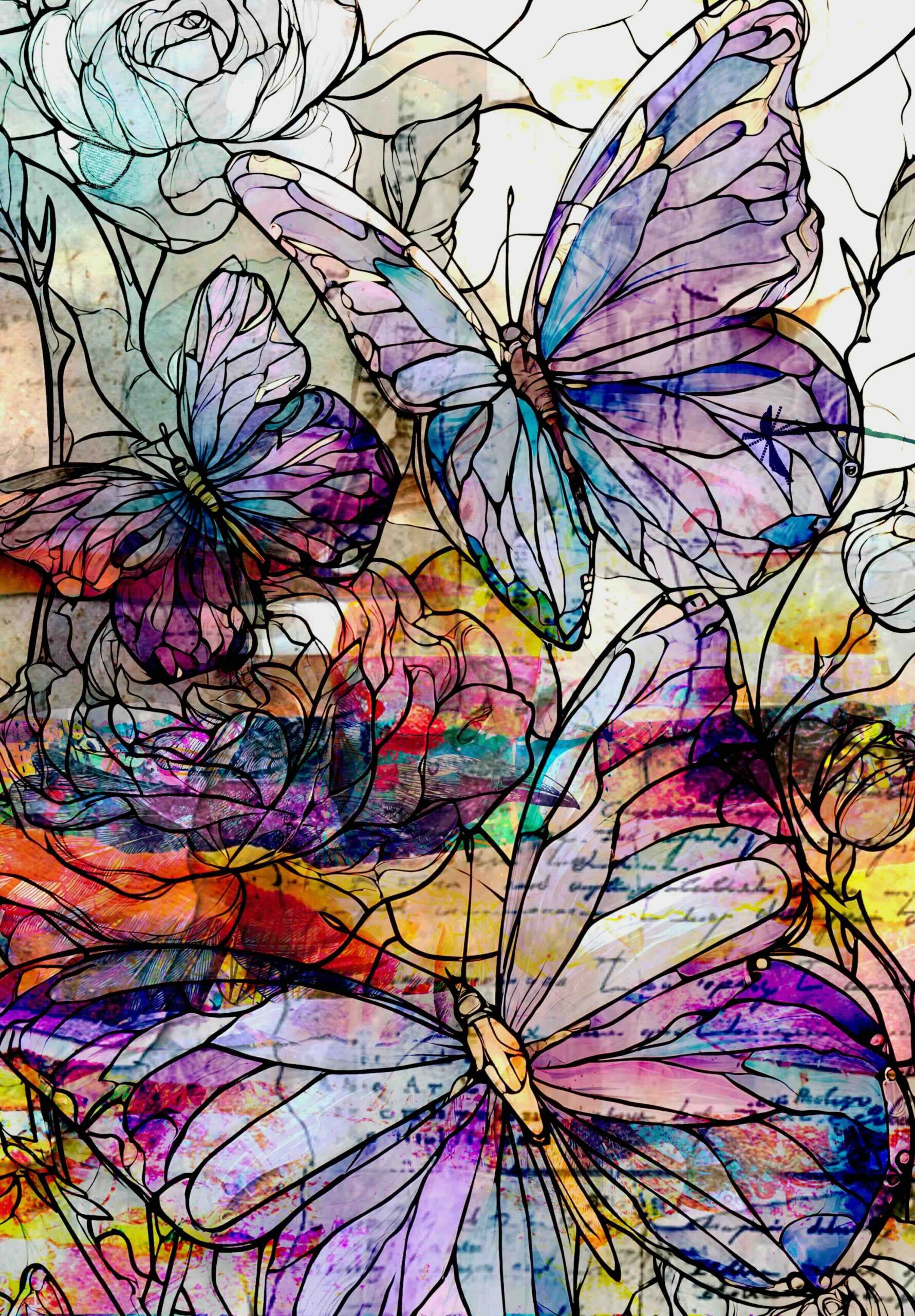 Free printable butterfly collage paper with watercolor butterflies, floral sketches, handwritten textures and mixed media layers for art journal