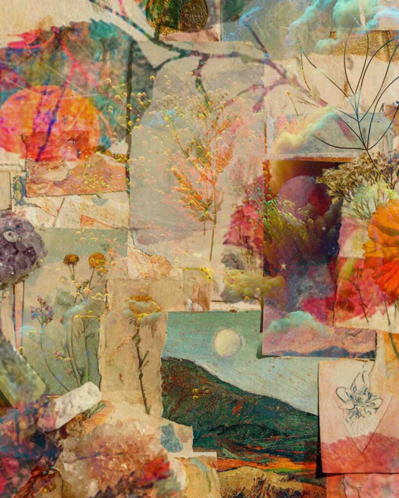 Dreamy botanical collage paper printable with vintage textures, florals, celestial skies, crystals, and mixed media art elements