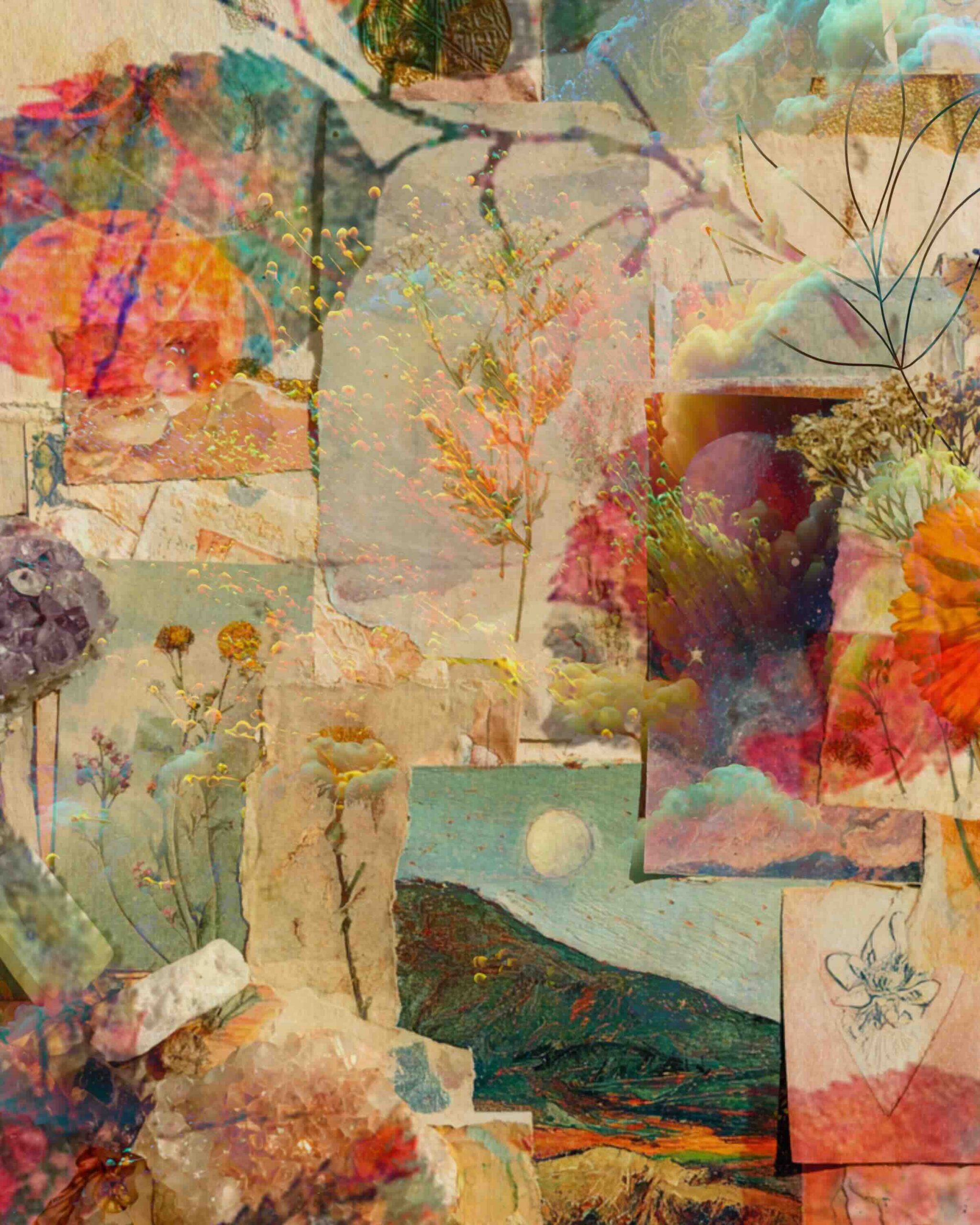 Dreamy botanical collage paper printable with vintage textures, florals, celestial skies, crystals, and mixed media art elements