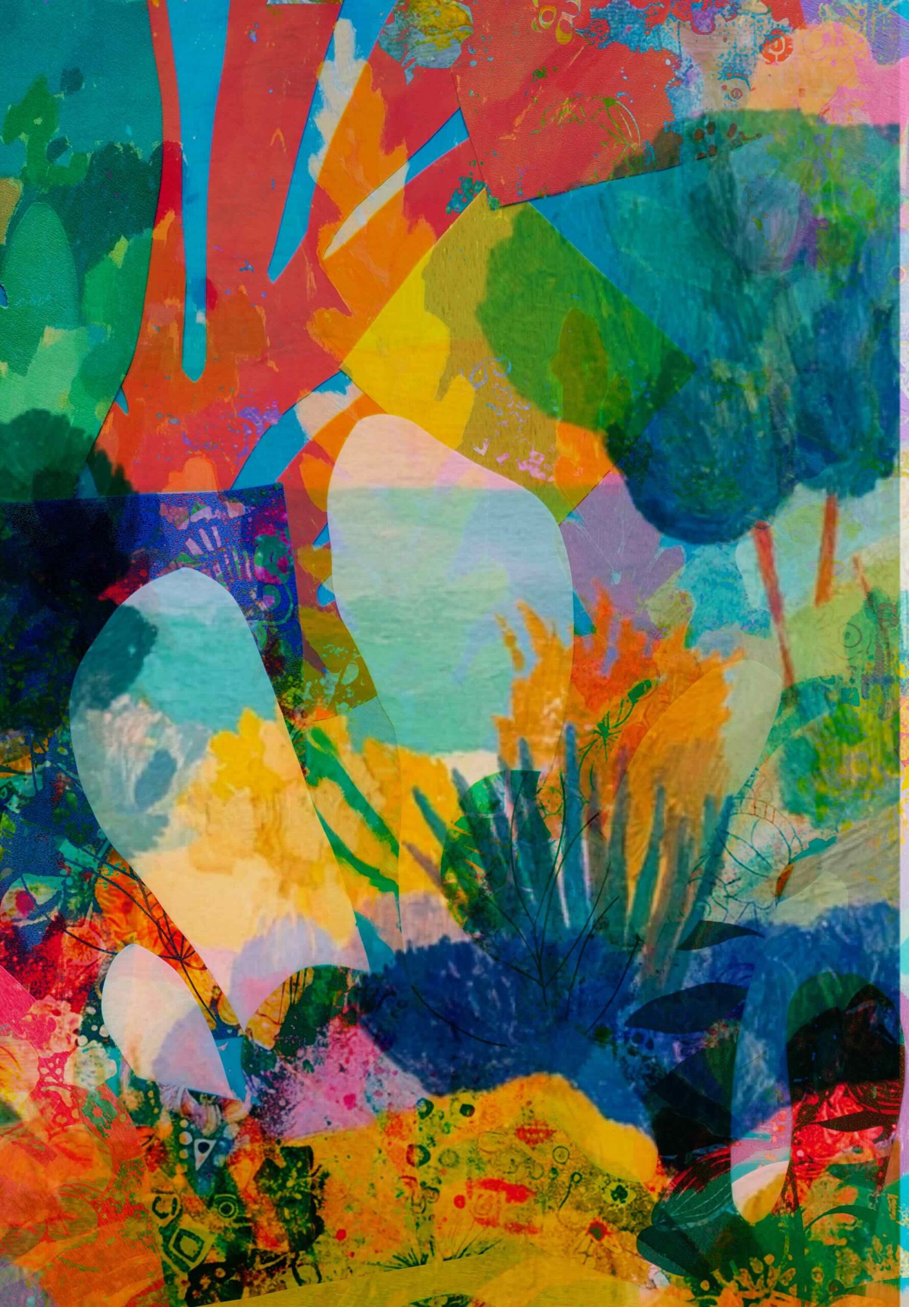 Free printable abstract collage paper featuring vibrant layered botanical shapes, bold blue, green, orange and yellow textures for junk journals and art journals.
